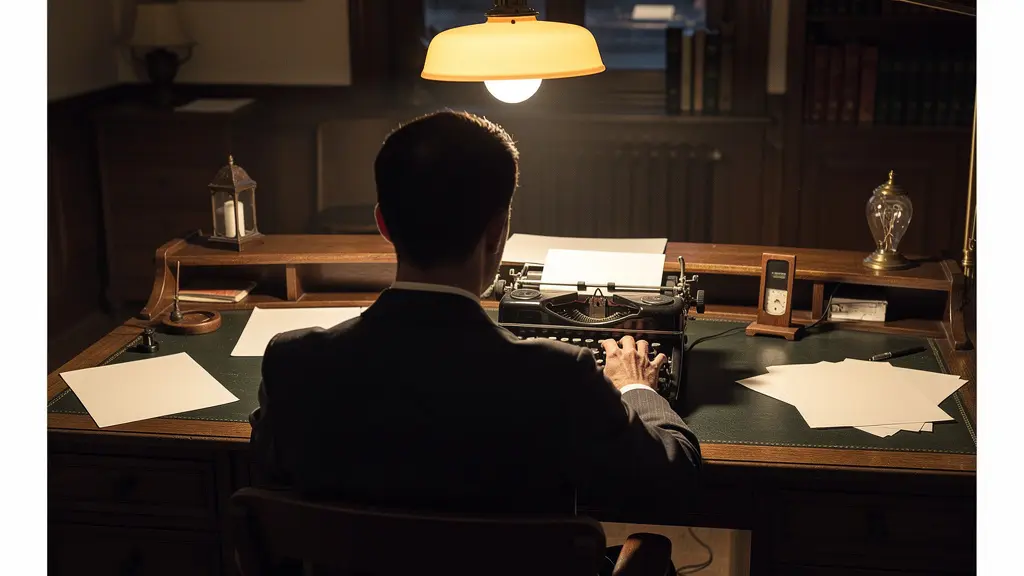 Silhouette d'écrivain à bureau vintage années 1950, atmosphère création littéraire Camus